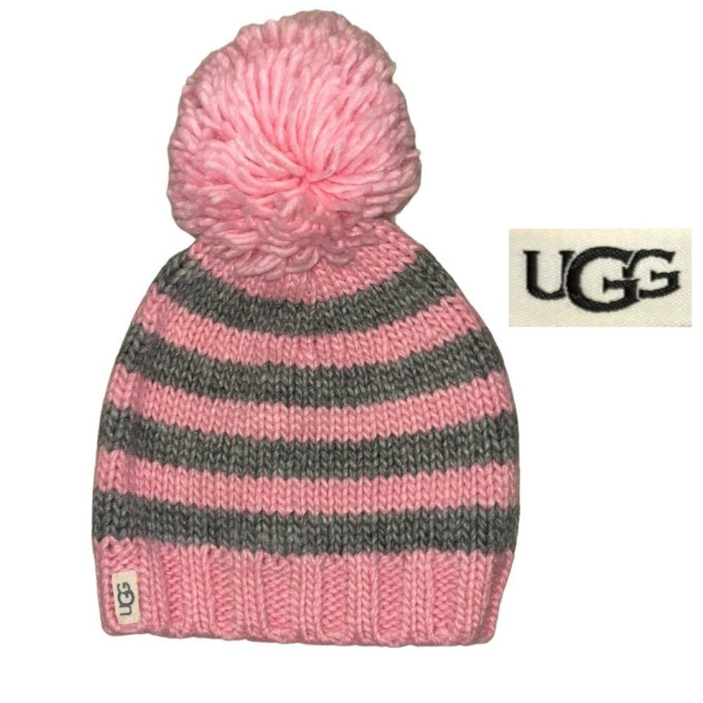 Ugg Knit Beanie Pink Gray Stripes Pom Winter Chic Y2k Trendy Cozy Hat Wool